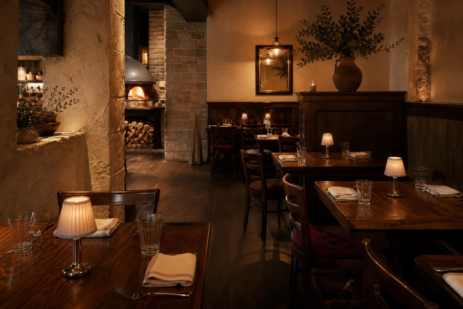 Warm gedeckte Tische in einem gemütlichen italienischen Restaurant