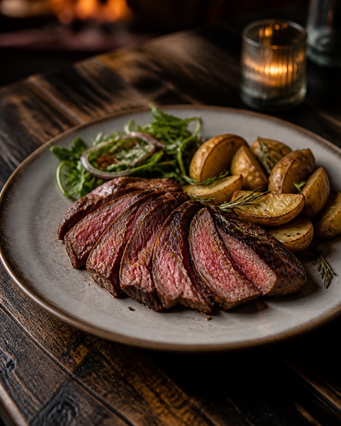 Aufgeschnittenes Rumpsteak mit Kartoffelecken und Salat
