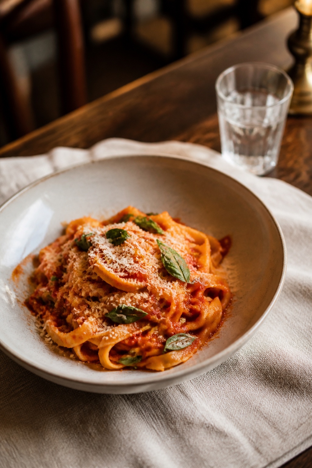 Tagliatelle mit Tomatensauce, Parmesan und Basilikum